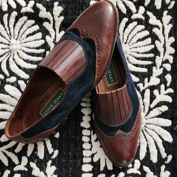Cole Haan Brown Leather and Navy Suede Wingtip Slip-Ons - Picture 1 of 2
